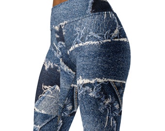 Trippin&#39; Rippin&#39; Leggings ~ Women&#39;s Classic HIGH Waist Ripped Look Printed Dark Denim Jean Stretchy Tights Pants | Cozy Wear Cute Gift Her