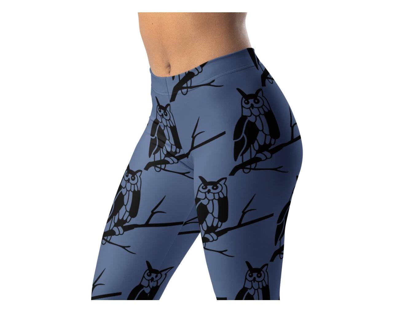 Echo Owl Leggings, Blue ~ Women's Cozy Wear Cute Abstract Animal Printed Raptor Hooter Night Bir