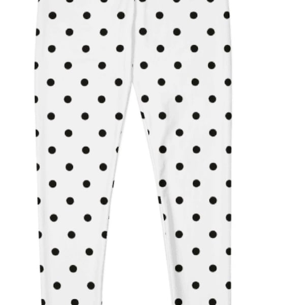 Polka Dot Supreme Leggings, White Black ~ Women's Cute Casual Cozy Wear Timeless Stretchy Tight Pants | Mod Boho Contemporary Lagenlook Her