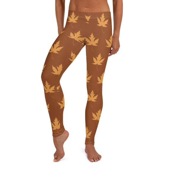 Fall Leaves Leggings, Brown Orange Women's Casual Wear Cozy
