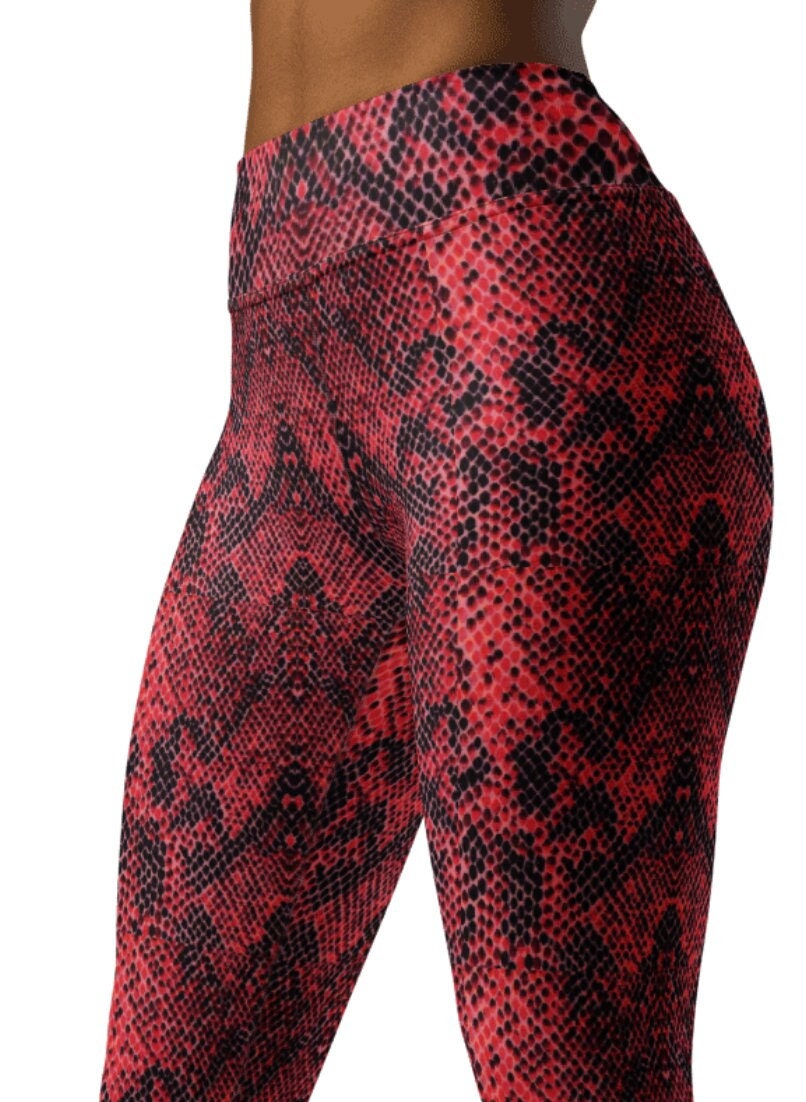 Red Snake Print Women's Tights, Best Snake Skin Print Plus Size Leggings  For Ladies- Made in USA/EU/MX