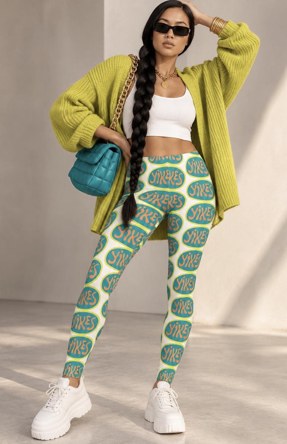 Cream Teal Orange Leggings, Major Yikes | Women's Funny Retro Word