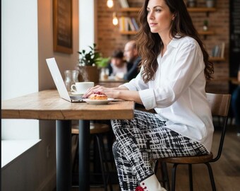 Ace Leggings ~ Women’s Black White Abstract Distressed FAUX Woven Plaid  | Timeless Chic 4-Way Stretchy Soft Statement Tights Legwear Pants