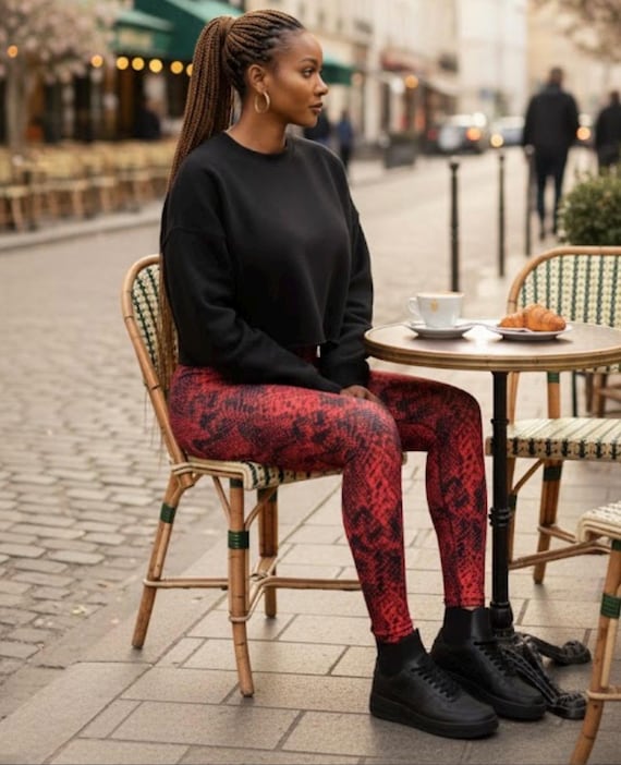 Scarlet Snakeskin Leggings ~ Women's Red Black HIGH Waist Animal Print 4-Way Stretchy Soft Tights Pants | Timeless Statement 4-Stretch Pants
