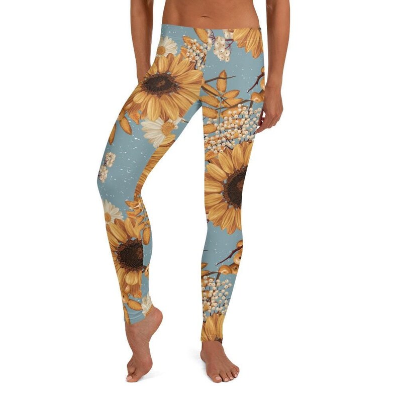 Goldpetal Leggings ~ Women's Sunflower Plant Foliage Harvest Season Soft Cozy Wear Cute Layer Stretch Tight Pants | Mod Boho Athleisure Her