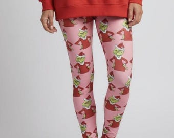 Leggings rosas navideñas del Gr!nch ~ Leggings navideñas animadas para mujer, cómodas y divertidas, elásticas, ideales para la Nochebuena / Regalo de broma