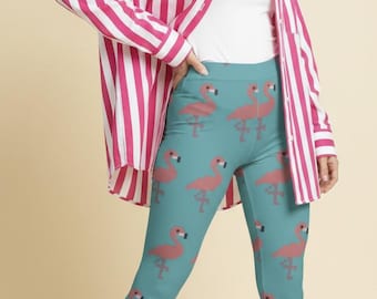 Flock-Star Leggings ~ Women's Bright Turq Pink Flamingo Animal Tropical Birds Graphics Pixel Print | Soft Summer Outdoorsy Beachy Legwear