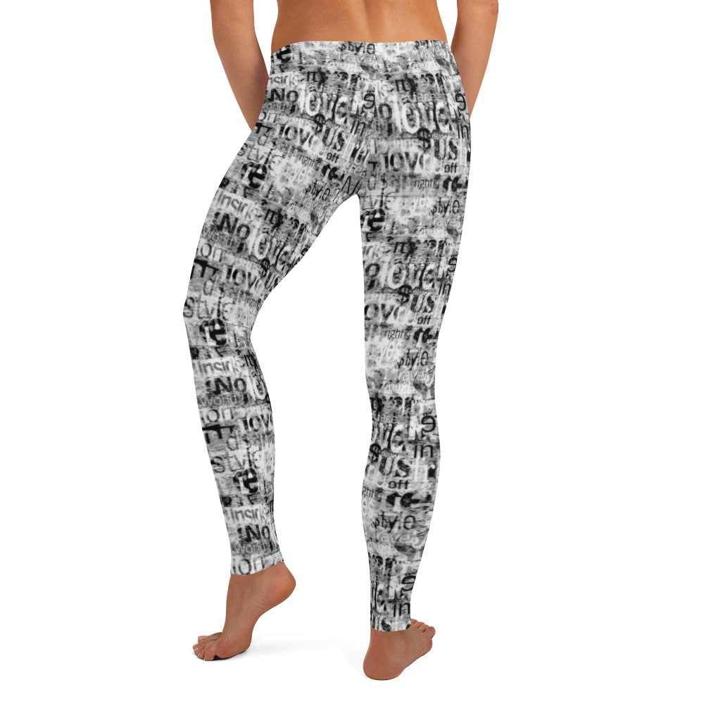 Newspaper Print Leggings Black White Women s Casual Cozy Wear