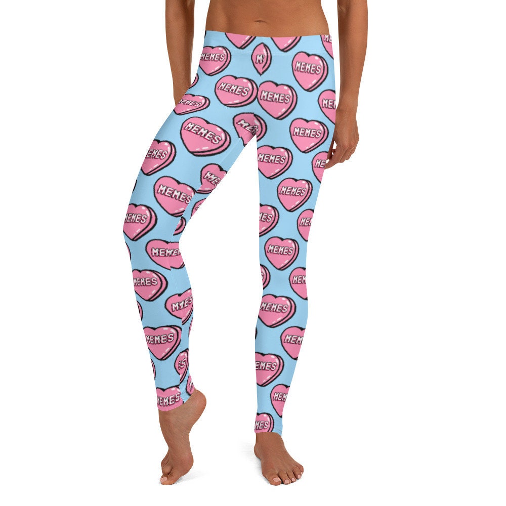 I Love Memes Leggings Women's Teen Funny Fashion Soft Stretchy Pants / Blue  Pink Heart Tights / Cute Gag Gift for Her/ LOL Print Bottoms 