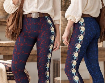 Navy Burgundy Floral Leggings, Dolly Darling | Women’s Country Western Cartoon Side Stripe Print | Whimsical Statement Tights