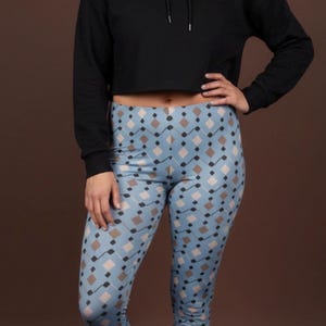 Zealand Leggings ~ Women's Cornflower Blue Black Brown Geometric Abstract Diamond Dots | Stretchy Tight Pants | Mod Boho Contempo Legwear