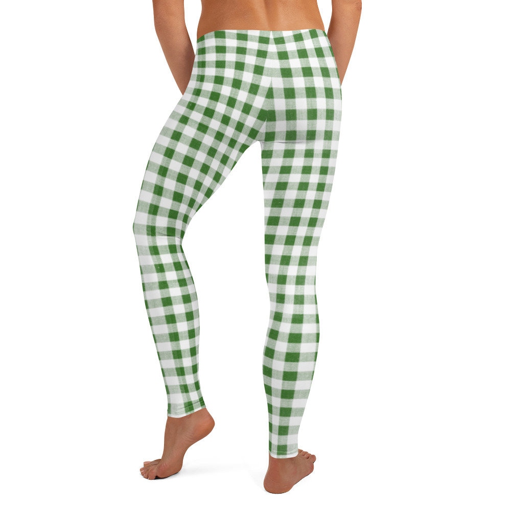 Classic Gingham Print Leggings, Green/white Women's Teens Stretch