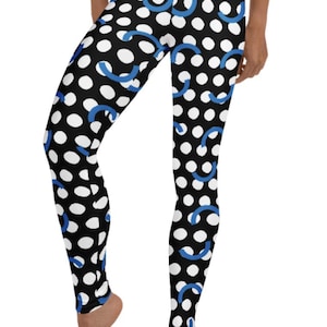 Coco&#39;s Polka Dot Leggings ~ Women&#39;s Black White Blue Abstract Spotted Graphics Printed Stretchy Tights Pants | Mod Boho Contempo Lagenlook