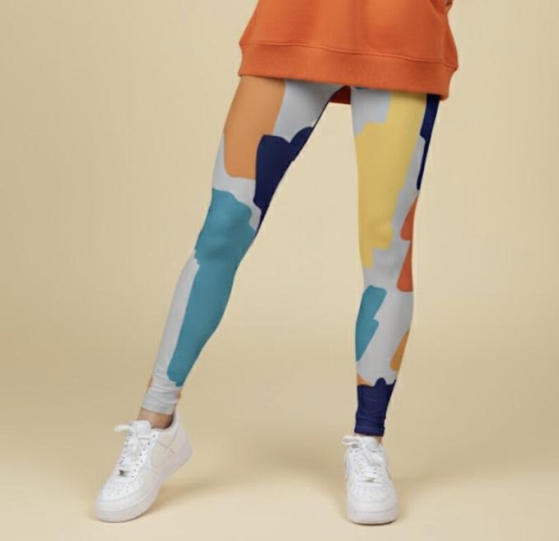A-List Leggings ~ Women's Colorful Teal Orange Navy Gray Yellow Abstract Stretchy Tights Pants | Cute 4-Way Butter Soft Mod Boho Athleisure image 4