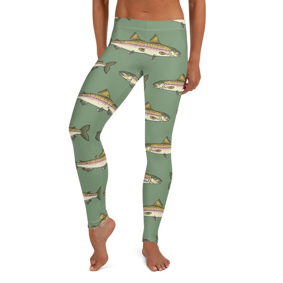 retailanthropy She Loves Fishing Leggings, Green ~Women's Comfy Stretch Pants / Lake Ocean Outdoorsy Fly-fish Rod Reel Fisherwoman Tights /nature Lover Her