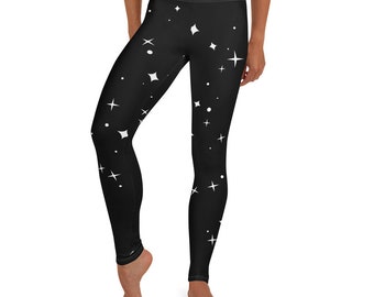 Magical Leggings, Black White ~ Women&#39;s Minimalist Abstract Stars Galaxy Graphic Printed Stretchy Tights Pants | Cute Athleisure Legwear Her