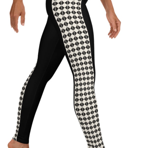 Prissy Paragon Leggings, Black White ~ Women's Smart Stretchy Pants | Argyle Preppy Classic Tights | Mod Boho  | Cozy Wear Cute Gift for Her