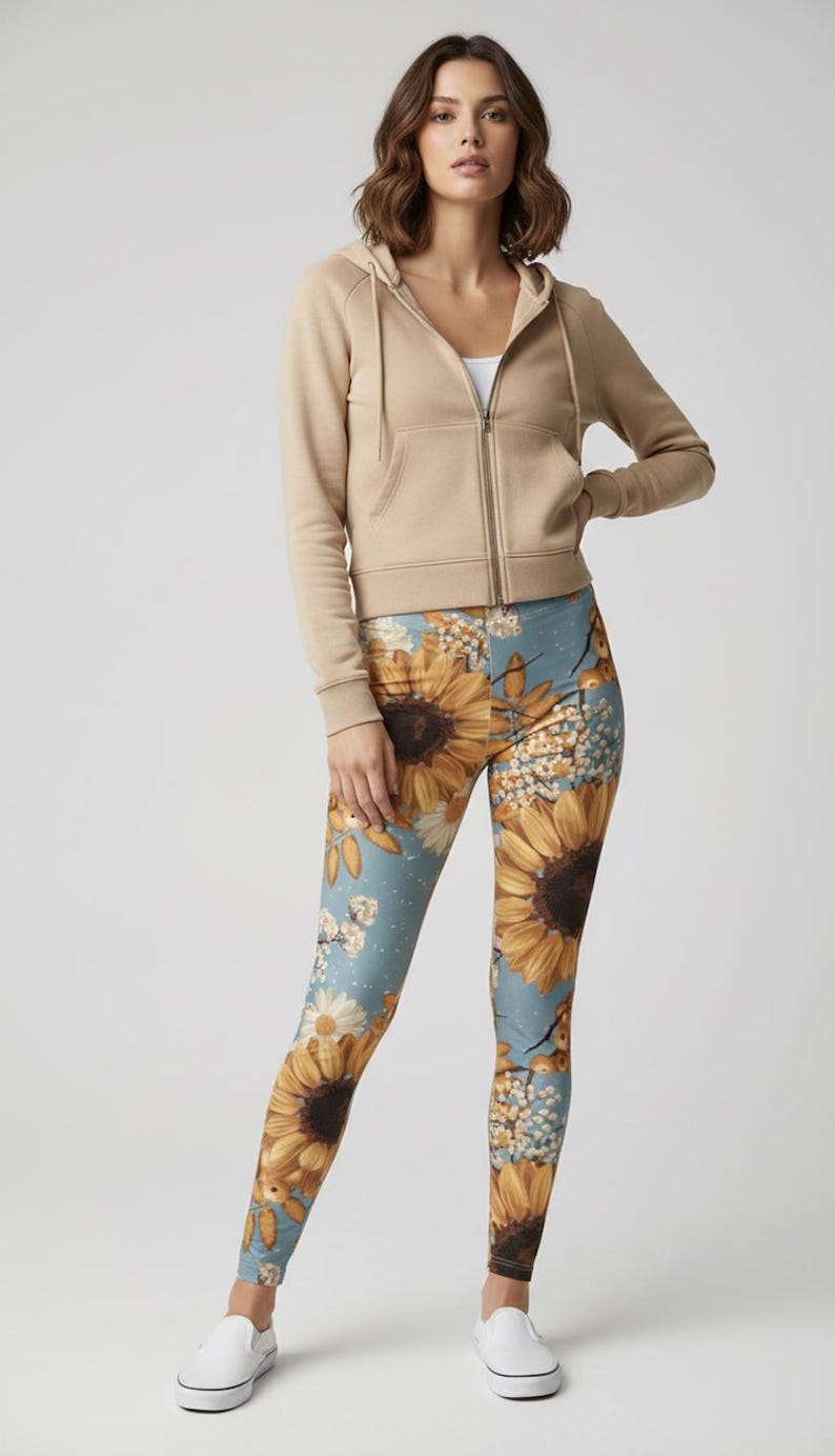 Goldpetal Leggings ~ Women's Cornflower Blue Yellow Gold Sunflowers Mini Florals | Soft 4-Way Artsy Flower Lovers Statement Tights Pants image 1