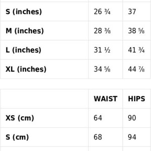May include: Size guide chart with measurements in inches and centimeters for XS, S, M, L, and XL sizes. The chart shows waist and hip measurements.