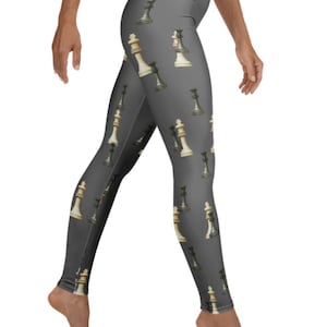 Chess Lovers Leggings ~ Women's Classic Intellectual Board Game Checkmate King Queen Grand Master Chessmen Printed Stretch Tights Pants Her