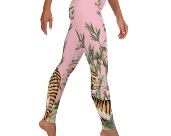 Best Seller! Tigers in Paradise Leggings, Pink ~Women's Casual Chic Cozy Wear Animal Print Nature Floral Stretch Tight Pants | Cute Mod Boho