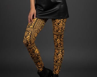 Leggings Baroque Lux ~ Para mujer, con detalles dorados y negros, llamativos, ornamentados, elegantes y opulentos, con motivos decorativos enmarcados / Medias elegantes y sofisticadas para mujer.