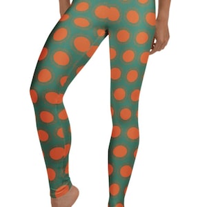 Leggings listos para la fiesta ~ Ropa cómoda y atrevida para mujer, pantalones ajustados elásticos con estampado de lunares en verde y naranja / Disfraz de Halloween para teatro