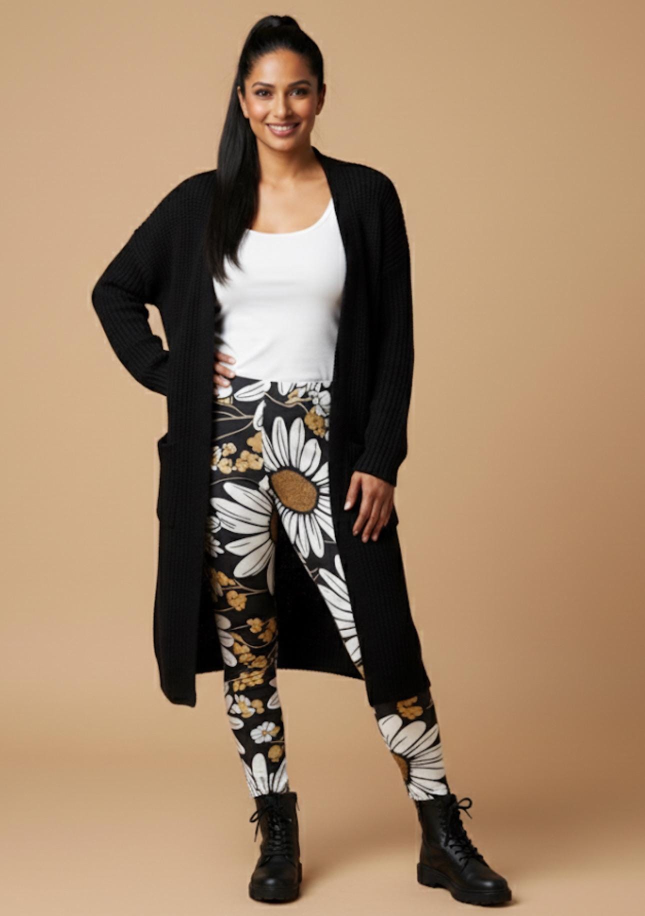 Jia Leggings ~ Black Brown White All-over Bold Sunflowers Florals