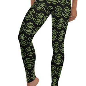 Dollar Signs Leggings ~ Women&#39;s Green USA Currency Money Graphics Printed Stretchy Tights Pants | Halloween Costume Party Funny Gag LOL Her
