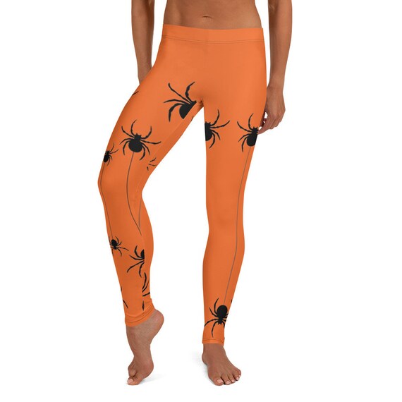 Black Spider Leggings, Orange women's Teen Cute Crawling Halloween