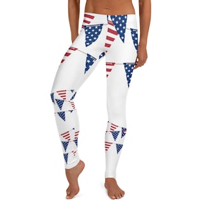 American Flag Leggings #2 (Smaller Flags) ~ Women&#39;s Red White Blue USA Patriot July 4 Holiday Printed Stretch Tight Pants | Cute Legwear Her