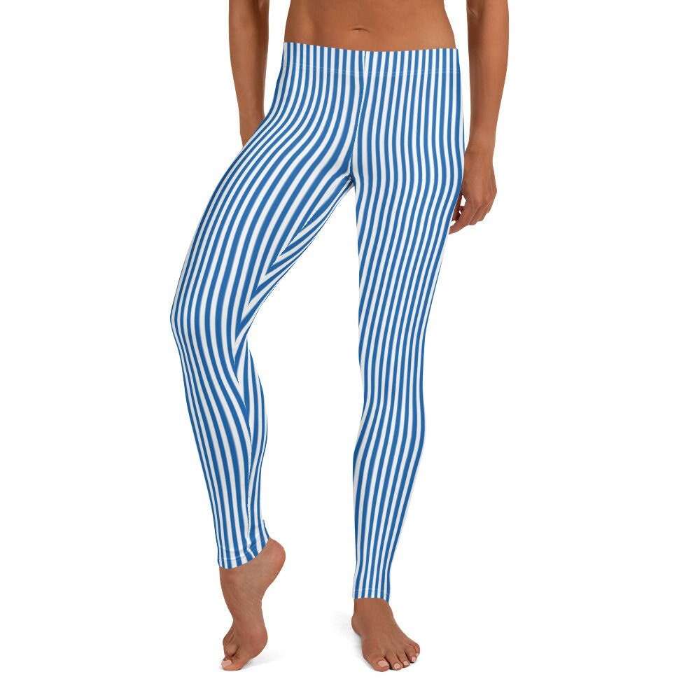 Navy White Striped Leggings, Horizontal Stripe Leggings, Stripes