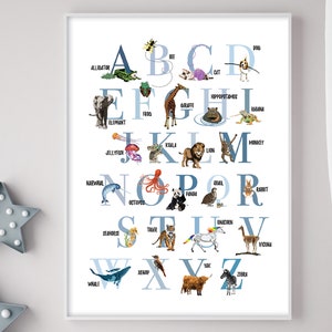 Animal Alphabet Poster | Alphabet Zoo Animal | ABC | Animal Letters | Nursery Wall Decor | Classroom | Mothers Day | Physical Print | Blue
