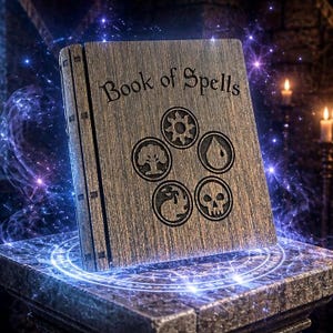 May include: A wooden book titled "Book of Spells" with five engraved symbols. The book is displayed on a stone surface with a glowing blue aura. The background features a mystical, starry scene with candles.