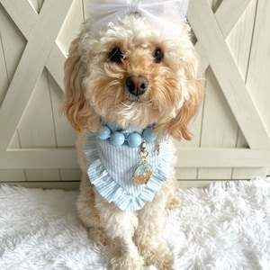 Seersucker Blue Stripe Ruffle Over the Collar Dog Bandana