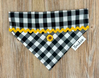Fall Gingham with Sunflower and Rick Rack Over the Collar Dog Bandana