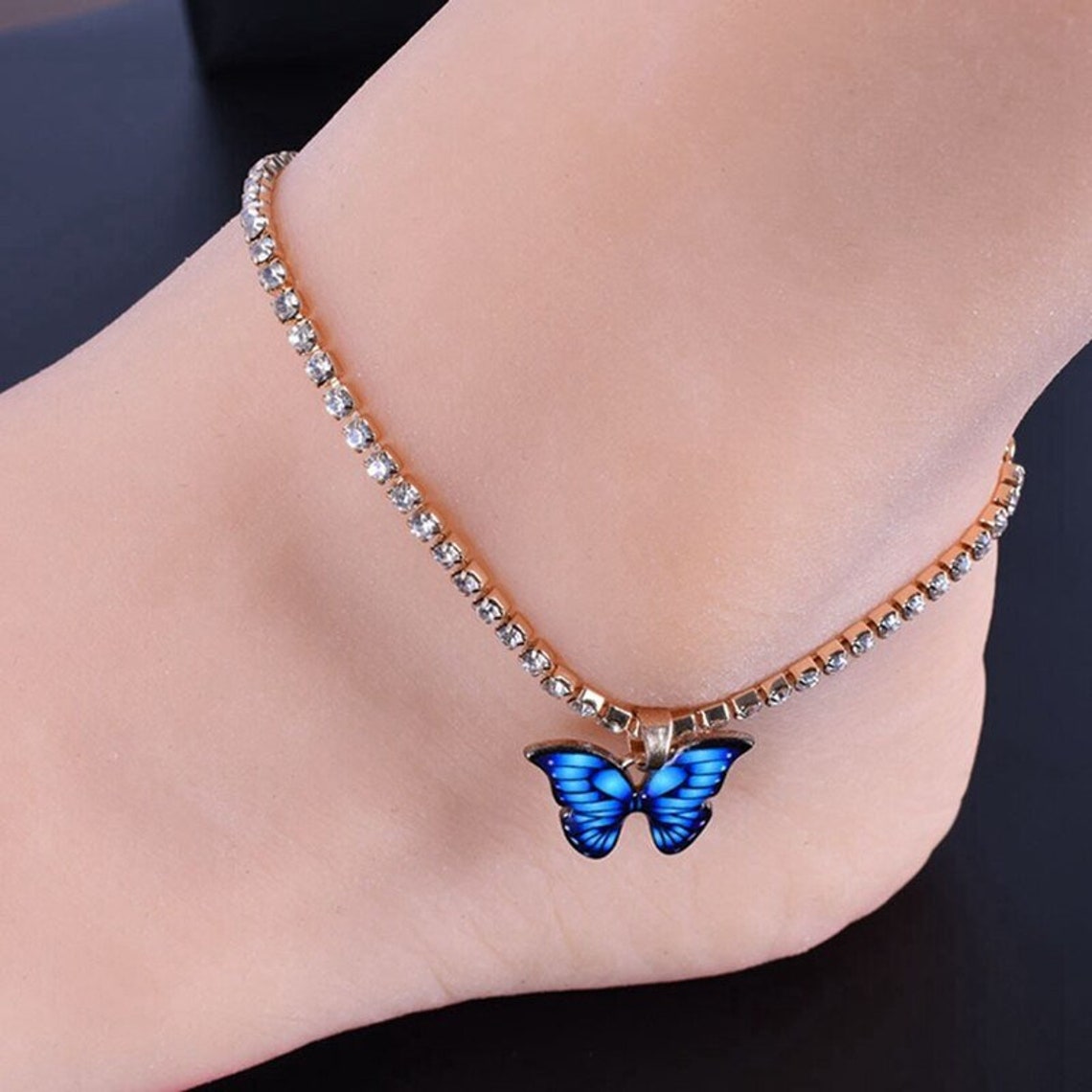 Shiny Butterfly Blue Charm Anklet Diamond Gold Chain Jewelry Etsy