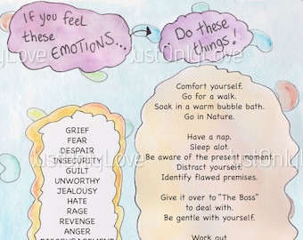 May include: A hand-drawn illustration with a blue background and colorful clouds. The illustration shows two thought bubbles with text. The left bubble says "If you feel these Love Emotions..." and lists negative emotions like grief, fear, despair, insecurity, guilt, unworthy, jealousy, hate, rage, revenge, anger, discouragement, and blame. The right bubble says "Do these things!" and lists positive coping mechanisms like comfort yourself, go for a walk, soak in a warm bubble bath, go in nature, have a nap, sleep a lot, be aware of the present moment, distract yourself, identify flawed premises, give it over to "The Boss" to deal with, be gentle with yourself, work out, "Who is actually speaking here", go and do some exercise, give up trying so hard, and leave other people's baggage behind.