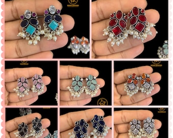 Silver finish Zircon studs/studs/silver studs/stone studs/studs/crystal studs/pearl studs/cluster pearls/American diamond studs/casual studs