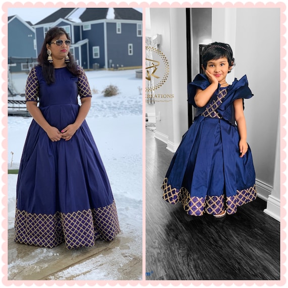 NakshaKreations Mom Baby model Women wear Girls Birthday frocks Girls dresses Ethnic wear occasional wear Girls Navy Blue dress Cancan Dresses
