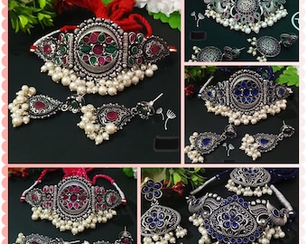 German silver  sets/Black thread stone silver set/ short necklace/Guttapusa german silver set/Cluster pearls/indian jewelery