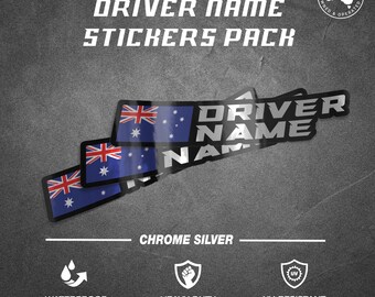 Custom Driver Name Stickers Pack x3 Chrome Silver stickers Racing motorcycle car go kart motocross MX helmet Sim Sticker Name Flag Sticker