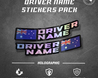 Custom Driver Name stickers pack x2 Racing motorcycle car go kart motocross MX helmet Sim Racing Rig Sticker Name Flag Sticker Holographic