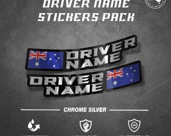 Custom Driver Name stickers pack x2 Racing motorcycle car go kart motocross MX helmet Sim Racing Rig Sticker Name Flag Sticker Silver
