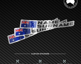 Custom Driver Name Stickers Pack x3 Chrome Silver stickers Racing motorcycle car go kart motocross MX helmet Sim Sticker Name Flag Sticker