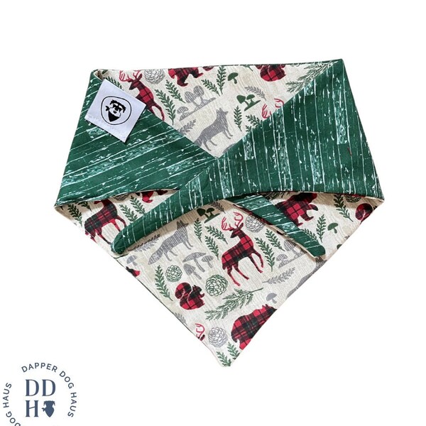 Dog Bandana, "Woodland Winter" Woodland Flannel and Bark Patterned Dog Bandana, Tied Dog Bandana, Homemade Dog Accessories