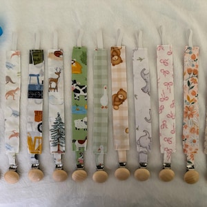 Handmade Pacifier Clips with Natural Wood Clip: Baby Girl and Baby Boy Fabric Patterns