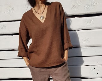 Blusa de linho natural manga comprida | Roupas de linho feitas à mão | Blusas de linho para mulheres | Blusa de linho solta