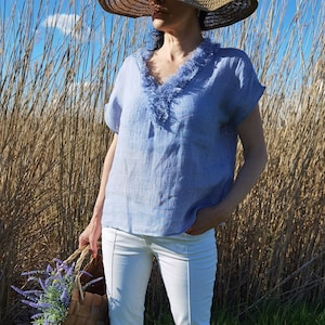 Leichte LeinenBluse V Neck | Handgemachte Leinenkleidung | Lockeres Leinen top