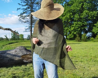 Poncho en tricot vert lin | Poncho en lin | Lin naturel | Plateau en lin | Tunique en lin | Enveloppement en lin | Vêtements en lin | Cap châle | Lin bio
